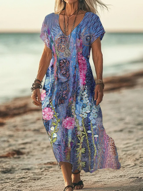 Damen Geblümt Kurzarm Sommer Print Kleid V-Ausschnitt Täglich Lässig Maxikleid X-Linie Kleid