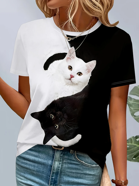 Damen Katze Kurzarm T-Shirts T-Shirt Rundhals Print Lässig Sommer T-Shirt mit Grafik Oberteile