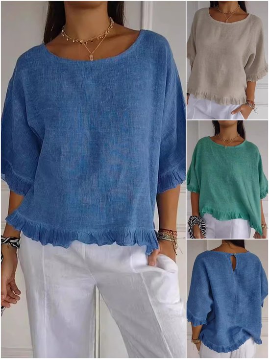 Damen Unifarben Dreiviertelärmel T-Shirts T-Shirt Rundhals Lässig Frühling/Herbst Oberteile
