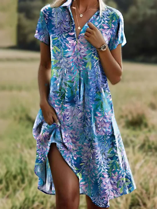 Damen Geblümt Kurzarm Sommer Kleid Hemdkragen Täglich Lässig Midi A-Linien-Kleid