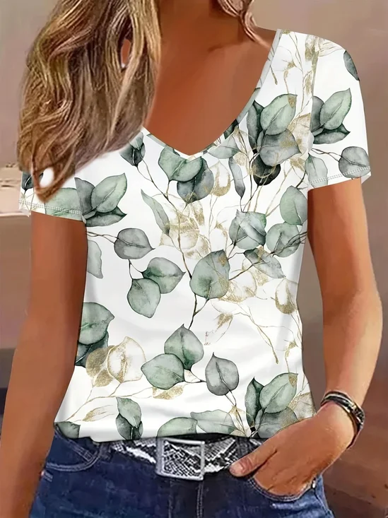 Damen Geblümt Kurzarm T-Shirts T-Shirt V-Ausschnitt Print Lässig Sommer T-Shirt mit Grafik Oberteile