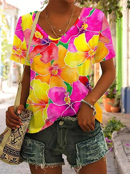 Damen Geblümt Kurzarm T-Shirts T-Shirt V-Ausschnitt Print Lässig Sommer T-Shirt mit Grafik Oberteile
