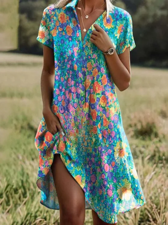 Damen Geblümt Kurzarm Sommer Kleid Hemdkragen Täglich Lässig Midi A-Linien-Kleid