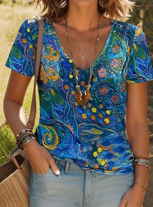 Damen Abstrakt Kurzarm T-Shirts T-Shirt V-Ausschnitt Print Lässig Sommer T-Shirt mit Grafik Oberteile