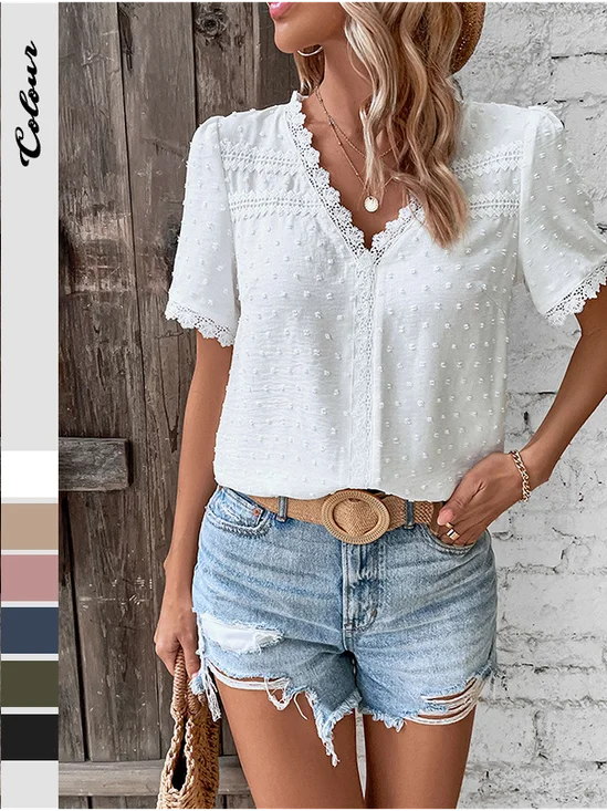 Damen Polka Dots Kurzarm Bluse Sommer V-Ausschnitt Täglich Lässig Oberteile