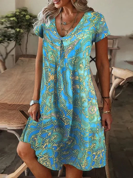 Damen Geblümt Kurzarm Sommer Print Kleid V-Ausschnitt Täglich Lässig Knielänge T-Shirt-Kleid H-Linie Kleid