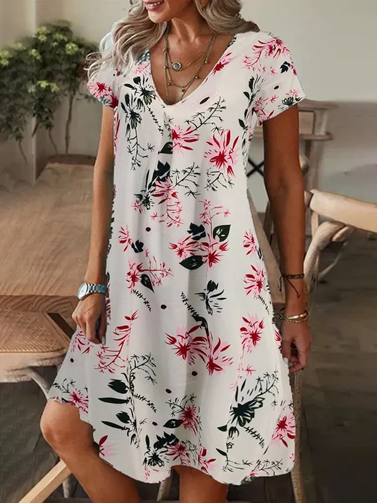 Damen Geblümt Kurzarm Sommer Print Kleid V-Ausschnitt Täglich Lässig Knielänge T-Shirt-Kleid H-Linie Kleid
