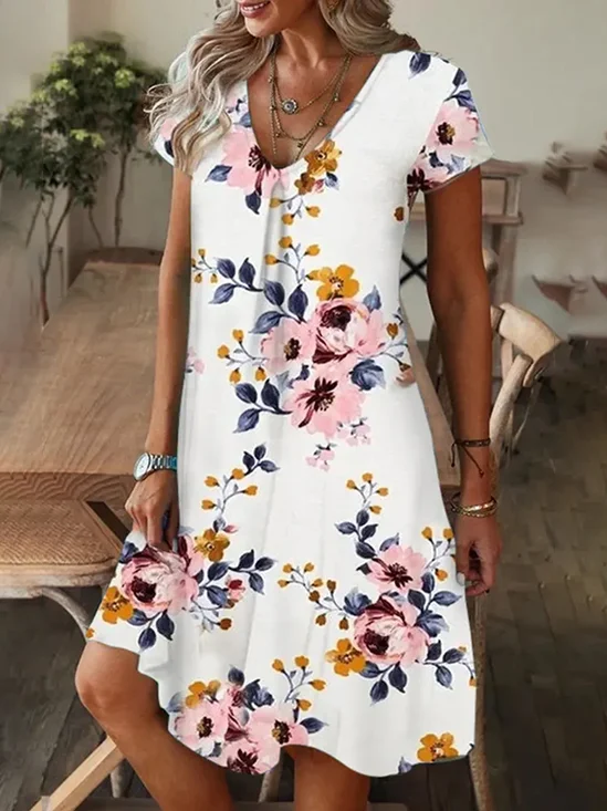 Damen Geblümt Kurzarm Sommer Print Kleid V-Ausschnitt Täglich Lässig Knielänge T-Shirt-Kleid H-Linie Kleid