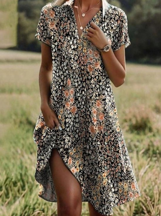 Damen Geblümt Kurzarm Sommer Kleid Hemdkragen Täglich Lässig Midi A-Linien-Kleid