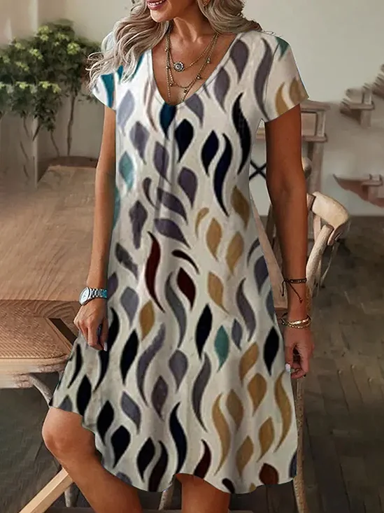 Damen Abstrakt Kurzarm Sommer Print Kleid V-Ausschnitt Täglich Lässig Knielänge T-Shirt-Kleid H-Linie Kleid