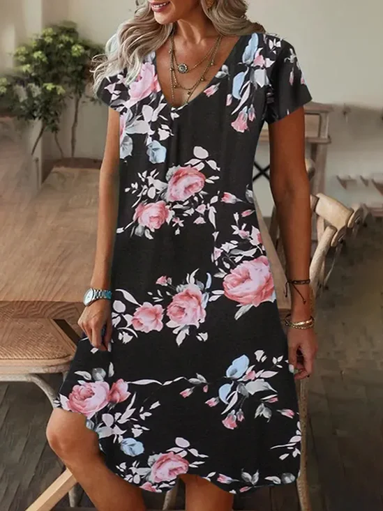 Damen Geblümt Kurzarm Sommer Print Kleid V-Ausschnitt Täglich Lässig Knielänge T-Shirt-Kleid H-Linie Kleid