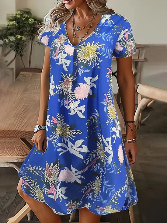 Damen Geblümt Kurzarm Sommer Print Kleid V-Ausschnitt Täglich Lässig Knielänge T-Shirt-Kleid H-Linie Kleid