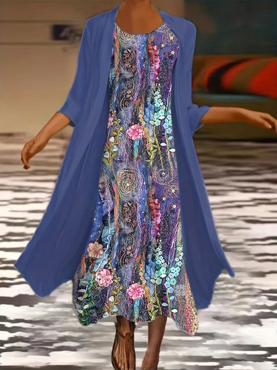 Damen Geblümt Print Zweiteiliges Set Täglich Dreiviertelärmel Lässig Frühling/Herbst Kleid mit Mantel Matching Set