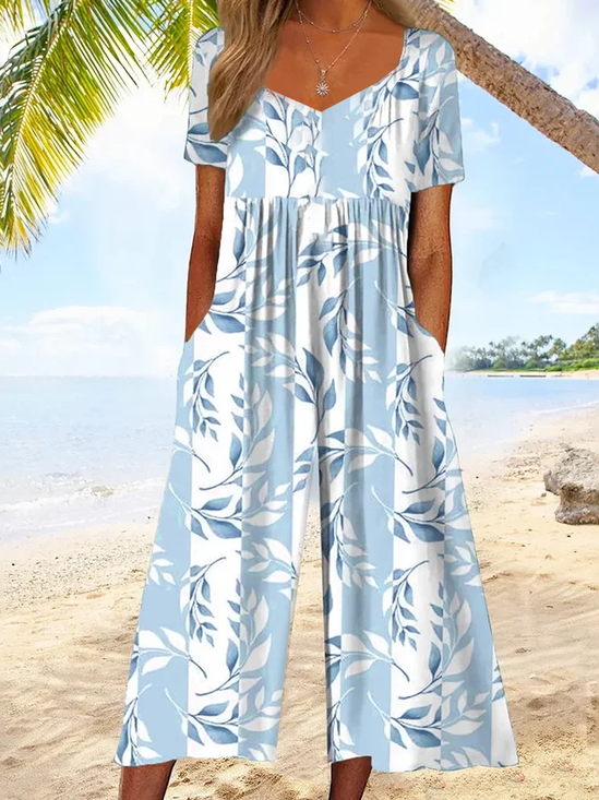 Damen Geblümt V-Ausschnitt Halbarm Lässig Sommer Jumpsuit