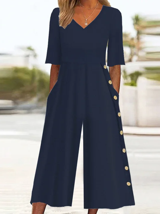 Damen Unifarben V-Ausschnitt Halbarm Lässig Sommer Jumpsuit