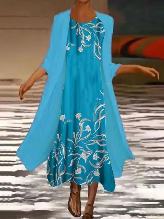 Damen Geblümt Print Zweiteiliges Set Täglich Dreiviertelärmel Lässig Frühling/Herbst Kleid mit Mantel Matching Set