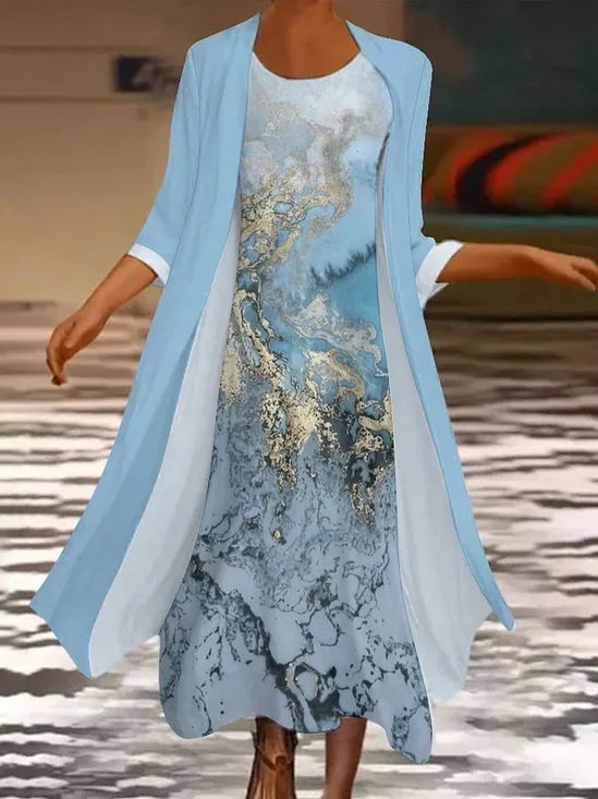 Damen Abstrakt Print Zweiteiliges Set Täglich Dreiviertelärmel Lässig Frühling/Herbst Kleid mit Mantel Matching Set