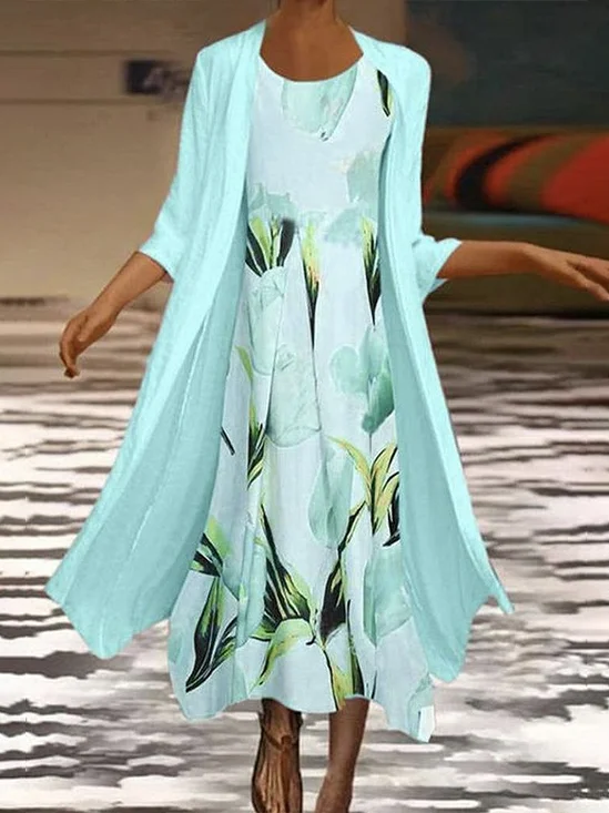 Damen Geblümt Print Zweiteiliges Set Täglich Dreiviertelärmel Lässig Frühling/Herbst Kleid mit Mantel Matching Set