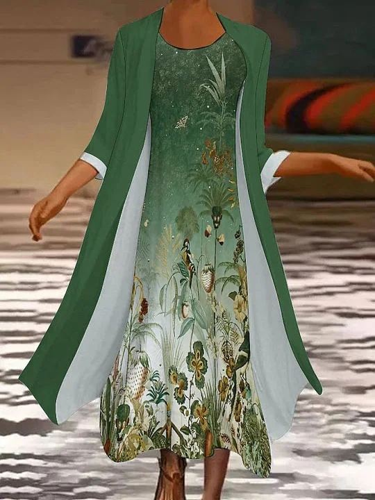 Damen Geblümt Print Zweiteiliges Set Täglich Dreiviertelärmel Lässig Frühling/Herbst Kleid mit Mantel Matching Set