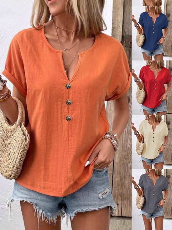 Damen Unifarben Kurzarm T-Shirts T-Shirt V-Ausschnitt Lässig Sommer Oberteile