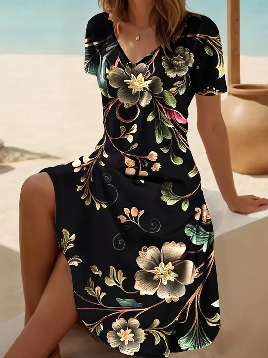 Damen Geblümt Kurzarm Sommer Kleid V-Ausschnitt Täglich Lässig Midi A-Linien-Kleid