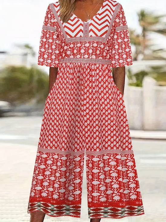 Damen Geometrisch V-Ausschnitt Halbarm Lässig Sommer Jumpsuit