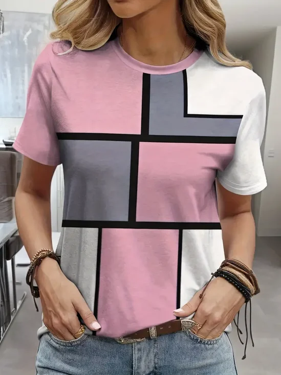 Damen Geometrisch Kurzarm T-Shirts T-Shirt Rundhals Print Lässig Sommer T-Shirt mit Grafik Oberteile