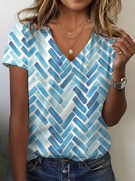 Damen Geometrisch Kurzarm T-Shirts T-Shirt V-Ausschnitt Print Lässig Sommer T-Shirt mit Grafik Oberteile