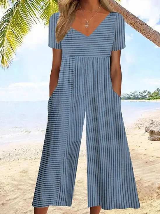 Damen Gestreift V-Ausschnitt Halbarm Lässig Sommer Jumpsuit