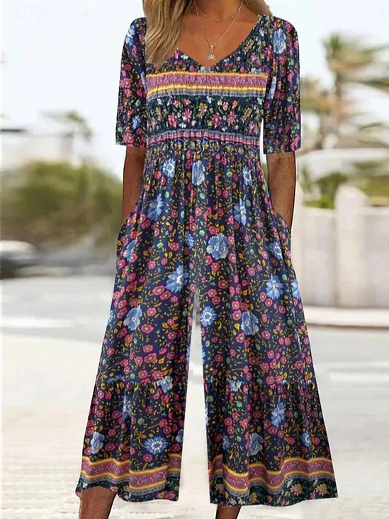 Damen Geblümt V-Ausschnitt Halbarm Lässig Sommer Jumpsuit