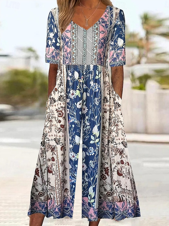 Damen Geblümt V-Ausschnitt Halbarm Lässig Sommer Jumpsuit