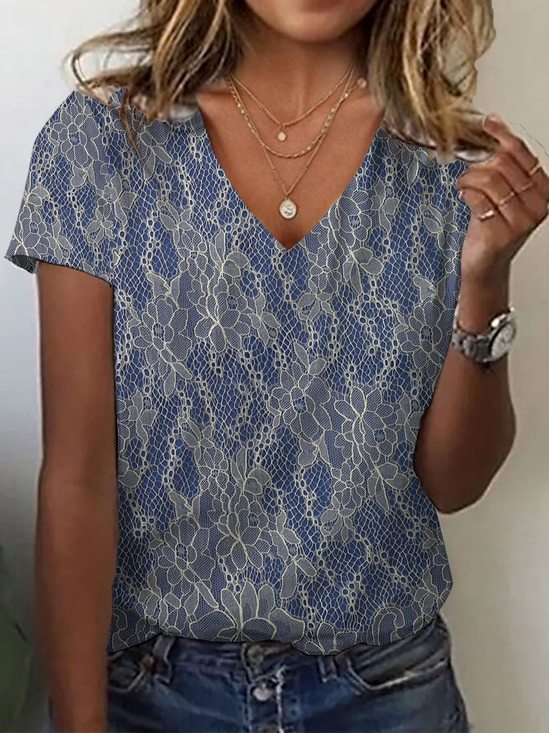 Damen Geblümt Kurzarm T-Shirts T-Shirt V-Ausschnitt Print Lässig Sommer T-Shirt mit Grafik Oberteile