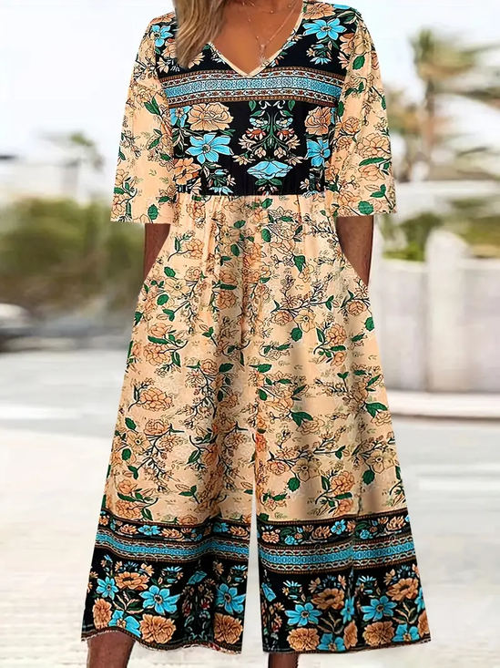 Damen Geblümt V-Ausschnitt Halbarm Lässig Sommer Jumpsuit