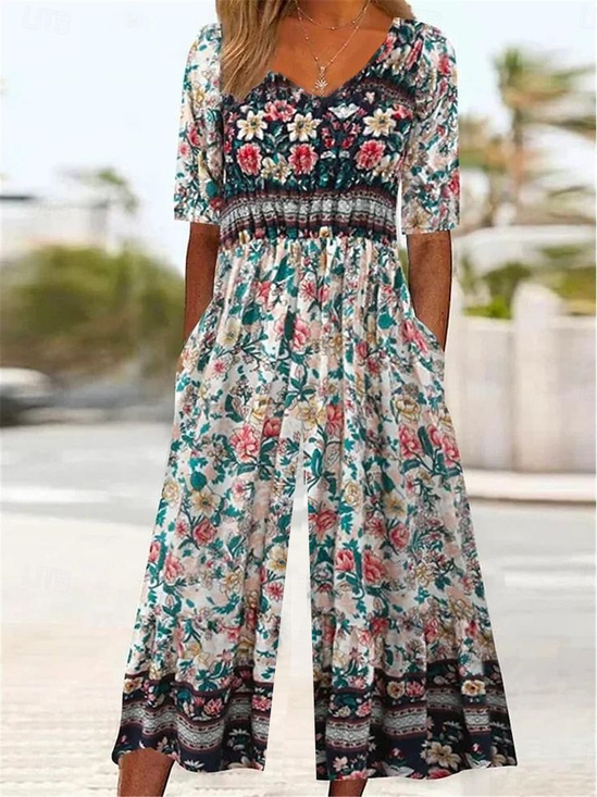 Damen Geblümt V-Ausschnitt Halbarm Lässig Sommer Jumpsuit