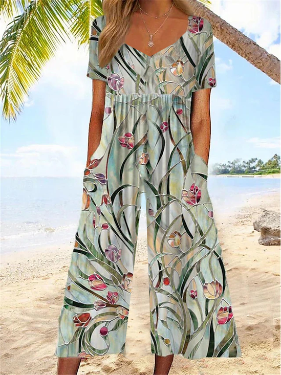 Damen Geblümt V-Ausschnitt Halbarm Lässig Sommer Jumpsuit