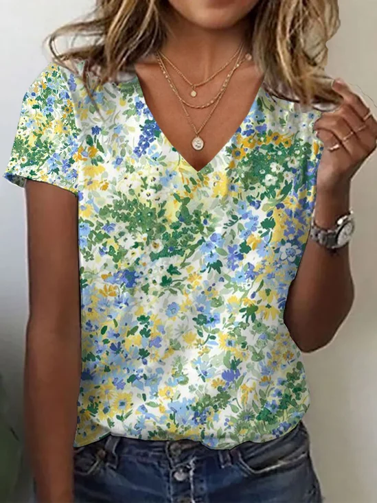 Damen Geblümt Kurzarm T-Shirts T-Shirt V-Ausschnitt Print Lässig Sommer T-Shirt mit Grafik Oberteile