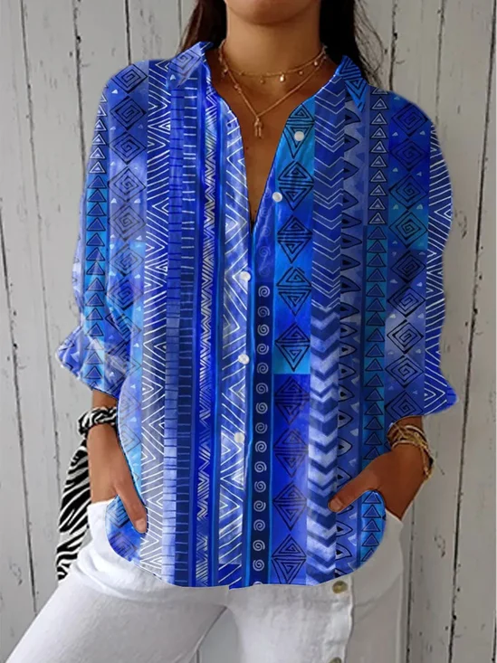 Damen Geometrisch Dreiviertelärmel Bluse Frühling/Herbst Print Hemdkragen Täglich Lässig Oberteile