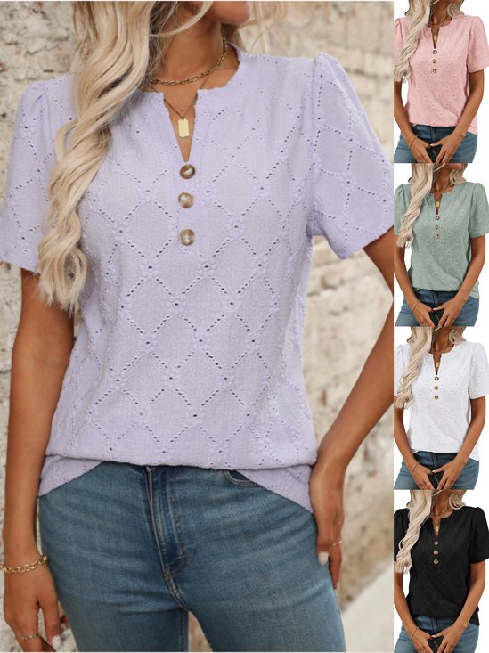 Damen Unifarben Kurzarm T-Shirts T-Shirt V-Ausschnitt Lässig Sommer Oberteile