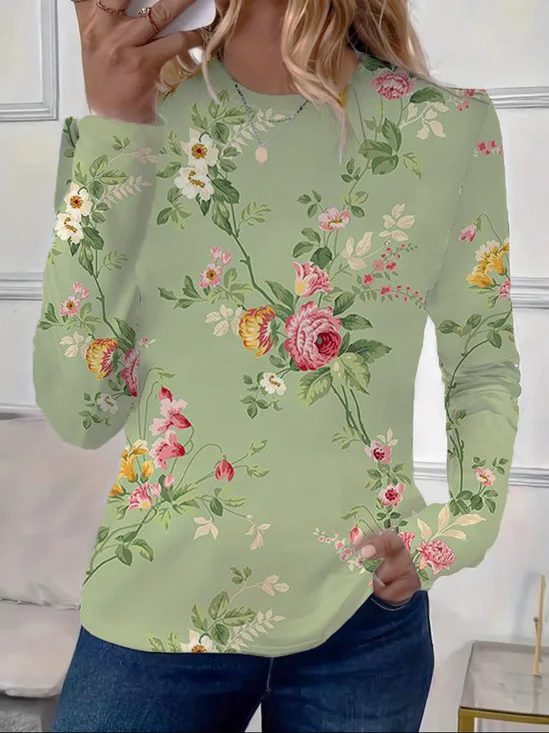 Damen Geblümt Langarm T-Shirts T-Shirt Rundhals Print Lässig Frühling/Herbst T-Shirt mit Grafik Oberteile