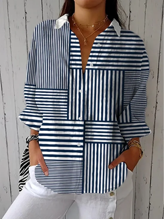 Damen Gestreift Dreiviertelärmel Bluse Frühling/Herbst Print Hemdkragen Täglich Lässig Oberteile