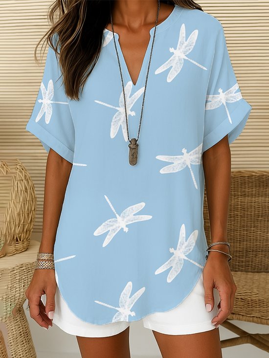 Damen Libelle Kurzarm Bluse Sommer Print V-Ausschnitt Täglich Lässig Oberteile