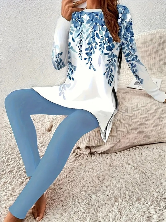 Damen Geblümt Print Zweiteiliges Set Täglich Langarm Lässig Frühling/Herbst Bluse mit Hose Matching Set