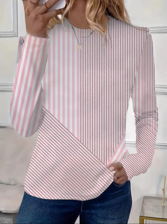 Damen Gestreift Langarm T-Shirts T-Shirt Rundhals Print Lässig Frühling/Herbst T-Shirt mit Grafik Oberteile