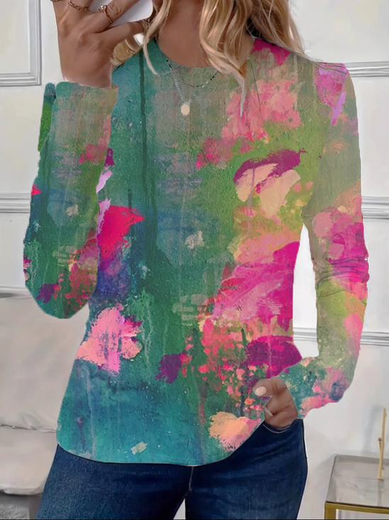Damen Abstrakt Langarm T-Shirts T-Shirt Rundhals Lässig Frühling/Herbst T-Shirt mit Grafik Oberteile