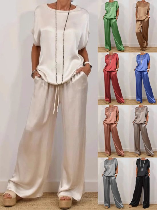 Damen Unifarben Zweiteiliges Set Täglich Halbarm Lässig Sommer Bluse mit Hose Matching Set