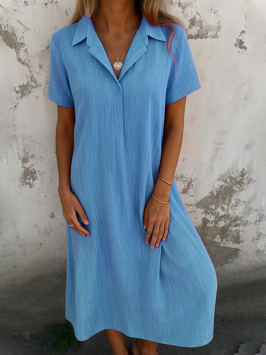 Damen Unifarben Kurzarm Sommer Kleid Hemdkragen Täglich Lässig Maxikleid A-Linien-Kleid