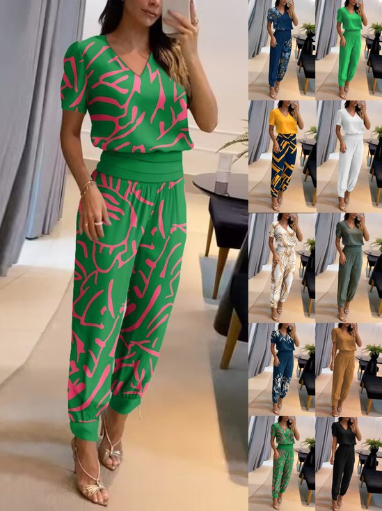 Damen Gestreift Zweiteiliges Set Täglich Kurzarm Lässig Sommer Bluse mit Hose Matching Set