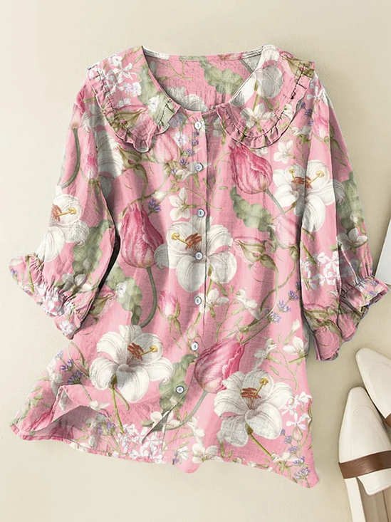 Damen Geblümt Kurzarm Bluse Sommer Print Schalkragen Täglich Lässig Oberteile