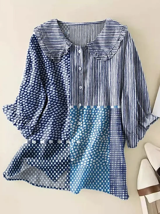 Damen Gestreift Kurzarm Bluse Sommer Print Schalkragen Täglich Lässig Oberteile