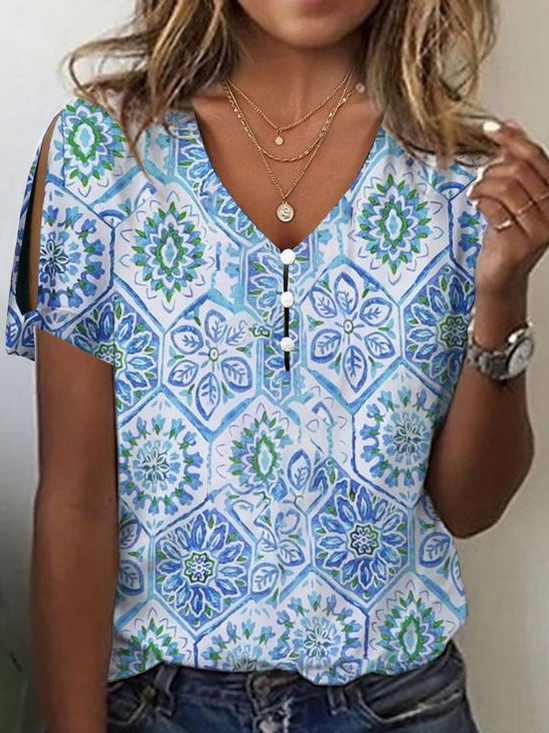 Damen Geblümt Kurzarm T-Shirts T-Shirt V-Ausschnitt Print Lässig Sommer T-Shirt mit Grafik Oberteile